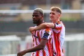 Dipo Akinyemi celebrates his first Derry City goal against Bohemians at Brandywell with Ronan Boyce. Photograph by Kevin Moore.