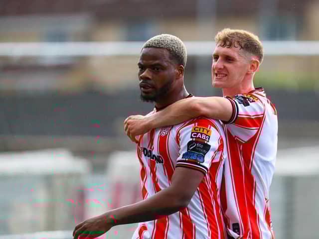 Dipo Akinyemi celebrates his first Derry City goal against Bohemians at Brandywell with Ronan Boyce. Photograph by Kevin Moore.
