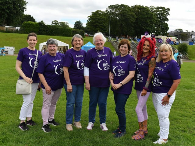 Cancer survivors’ Margaret McCann, Audry McCloskey, Lyne Brown, Patricia Doherty, Cathy Houston, Sharon McDermott and Doreen Holmes took part in an inspiring Lap of Honour around St Columb’s running track prior to 40 fund-raising teams beginning the opening laps of the 24 hour relay.  Photo: George Sweeney.