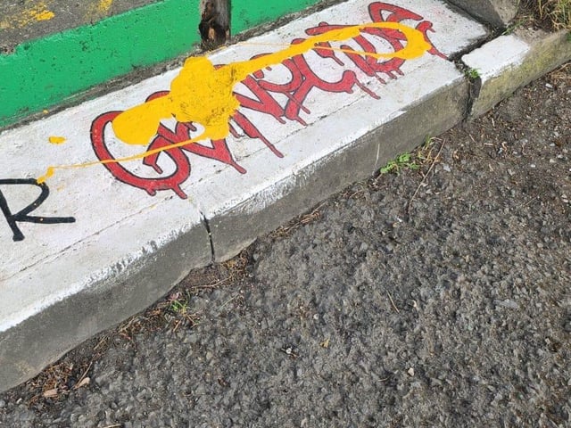 Yellow paint was spattered all over several flights of steps painted in the Palestinian colours in solidarity with the people of Gaza in April.
