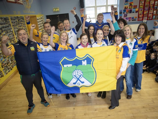 Staff from St. Aengus'' National School, Bridgend showing their support for the Beart GAC hurlers who will take on Lavey in the Ulster Junior Championship final at Celtic Park on Saturday. (Photos: Jim McCafferty Photography)