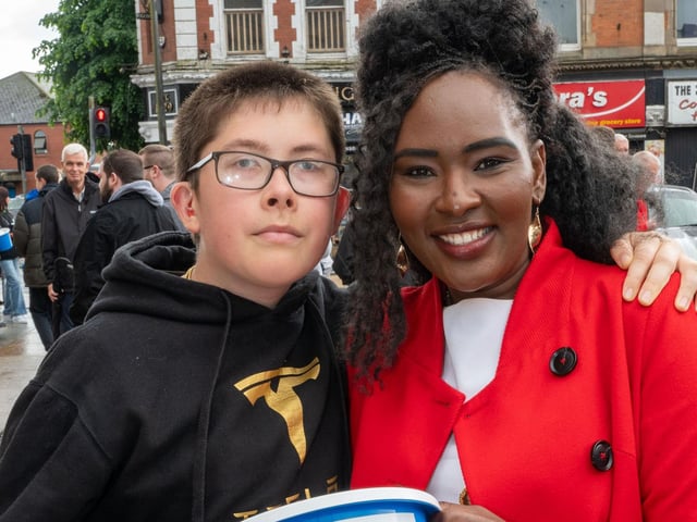 Lewis Green with Derry City and Strabane District Council Mayor, Councillor Lilian Seenoi-Barr as she hosted Supercar Saturday in Guildhall Square to raise money for the Mayoral Charity Bud Club. The event attracted car enthusiasts and owners from across the region to support aid the local charity. Picture Martin McKeown. 24.05.25