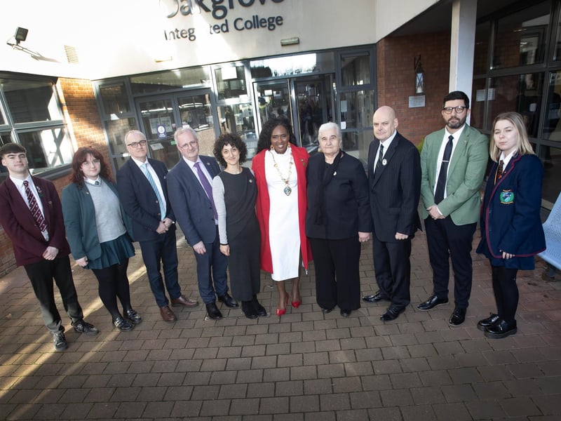 The Mayor, Lilian Seenoi-Barr, Mr. John Harkin, Principal, Oakgrove Integrated college pictured with Mrs. Munira Subašić, president of the Mothers of Srebrenica and Zepa Enclaves during last week's Holocaust event at the school. Included are event organisers and representatives from other schools who took part.