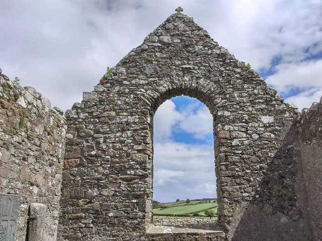 The ruins of the 17th Century Cloncha Church near Culdaff and off the road from Moville to Carndonagh were built on a much earlier monastic settlement and  can be found next to ancient and very impressive high crosses. This area was obviously very special to those who made their home here for thousands of years as nearby, almost in a direct line, is the 5,000 year old Bocan Stone Circle, the below that the even older Temple of Deen, both to the north, and the Carrowmore early Christian monastery and crosses to the south.