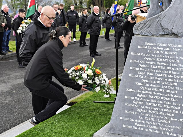 Wreaths are placed at the Republican Plot, in the City Cemetery, during the commemoration of the 109th anniversary of the Easter Rising on Sunday afternoon. Photo: George Sweeney