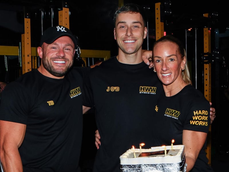 Jack O’Brien, coach celebrates his birthday with Tony Boyce, proprietor, and Shona McEleney at the Opening of Hard Work Works Gym in Ballinaska Business Park on Sunday morning. (Photo - Tom Heaney, nwpresspics)