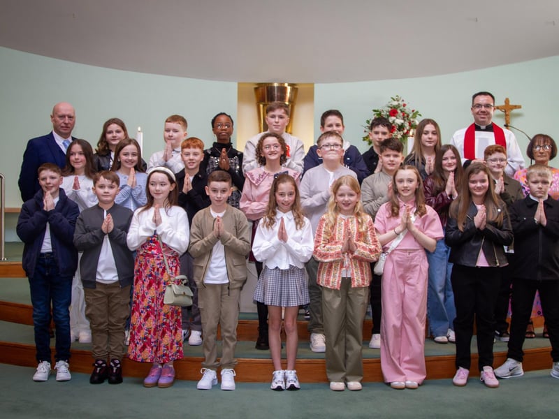 Mr. McGuigan's Y7CG class from Sacred Heart PS, who received the Sacrament of Confirmation from Fr. Patrick Lagan at the Church of the Immaculate Conception, Trench Road, Waterside last Thursday.. Included in photo is Ms. Elaine Oakley, Classroom Assistant.. (Photo: Jim McCafferty Photography)