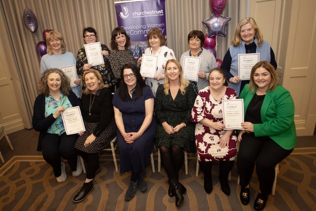 Group picured at the Churches Trust's Developing Women in the Community awards 2024 at the Bishop's Gate Hotel, Derry on Thursday last. Front from left, Mary Holmes, CEO, Churches Trust, Eithne Bradley, Laura Dunne, Department for Communities, Elaine Devenney, Samantha Robinson and Laura Brown. Back from left, Ann O'Doherty, Rhonda Styles, Sinead Crumlish, Kathleen Doherty, Pat Norris and Deirdre Brown.