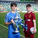 St Columb’s College’s Sean Carlin (left) and Lee McMenemy from Integrated College Dungannon at the recent launch of the Danske Bank Schools’ Cup Final, which takes place tomorrow afternoon, in Belfast.
