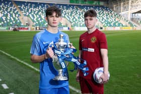 St Columb’s College’s Sean Carlin (left) and Lee McMenemy from Integrated College Dungannon at the recent launch of the Danske Bank Schools’ Cup Final, which takes place tomorrow afternoon, in Belfast.