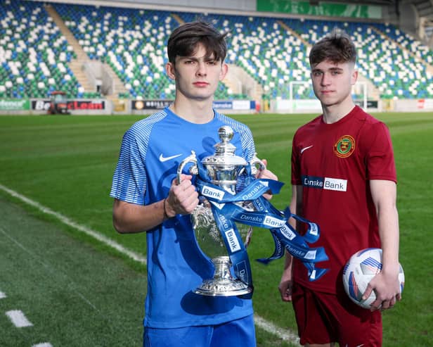 St Columb’s College’s Sean Carlin (left) and Lee McMenemy from Integrated College Dungannon at the recent launch of the Danske Bank Schools’ Cup Final, which takes place tomorrow afternoon, in Belfast.