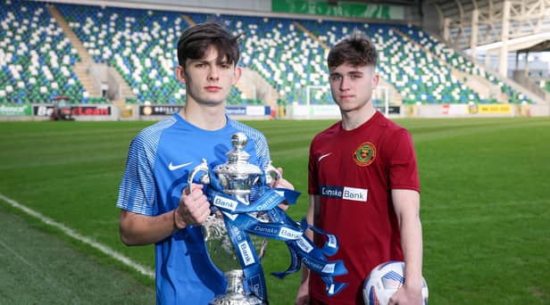St Columb’s College’s Sean Carlin (left) and Lee McMenemy from Integrated College Dungannon at the recent launch of the Danske Bank Schools’ Cup Final, which takes place tomorrow afternoon, in Belfast.