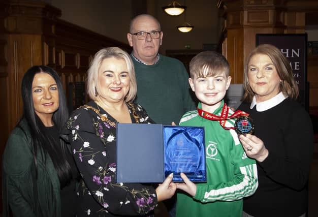 The Mayor, Sandra Duffy pictured with Lucas and his grandparents on Tuesday evening at the Guildhall.