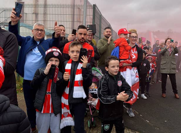 Fans gather at Brandywell Stadium the Saturday morning before the FAI Cup Final to give wish Derry City players and coaches good luck as they depart for Dublin to face Shelbourne. Picture by George Sweeney