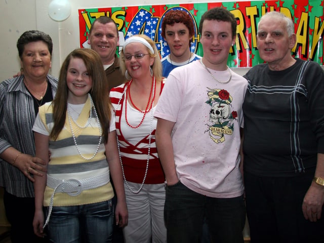 Marie pictured with her daughter Terri, husband James, sons ciaran and Kevin and mum and dad at the 40th birthday party 0004JML : Parties and nights out in March 2006