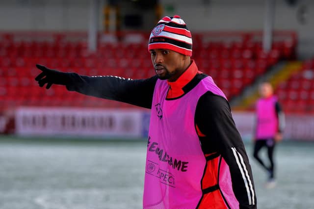 January 2023: Derry City’s Sadou Diallo at pre-season training at a wintry Brandywell. Picture: George Sweeney.