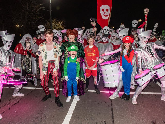 The Mayor Councillor Patricia Logue who with members of her family met with some of the Halloween Carnival Parade participants ahead of the event which the First Citizen led along the banks of the River Foyle. Picture Martin McKeown. 31.10.23