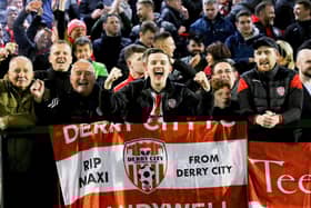 DOUBLE DREAM ALIVE AND KICKING . . . Derry City fans enjoying the occasion at Dalymount Park. Photo credit: Kevin Moore/MCIphoto