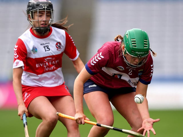 Derry’s Olivia Rafferty closes down Emily McCabe of Westmeath during Sunday's Very Camogie League Division 2A Final in Croke Park. (Photo: INPHO/Ryan Byrne)