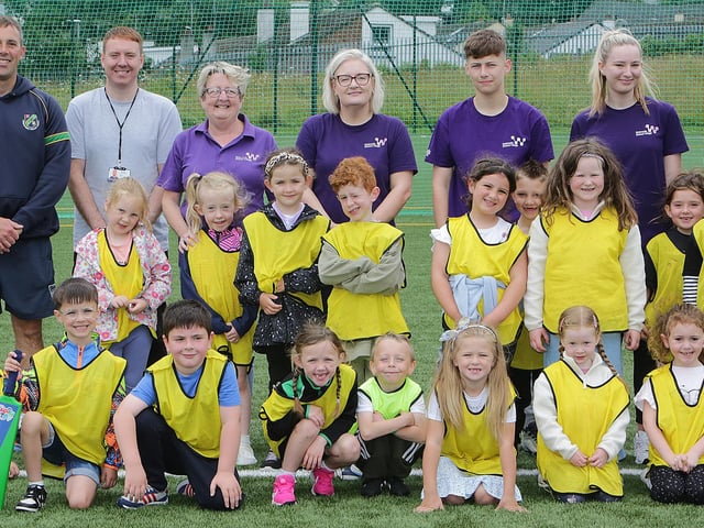 Togetherness is key… Pictured are facilitators from Northwest Cricket Union, Andrew Mullan, Housing Executive Good Relations Officer, West, Geraldine Doherty and Claire Mc Laughlin from Hillcrest Trust and volunteers, Lewis Mc Court and Kyna Mc Guinness. The Waterside Shared Village Summer Youth Programme received a Housing Executive community cohesion grant of £8, 465 towards their good relations summer event.