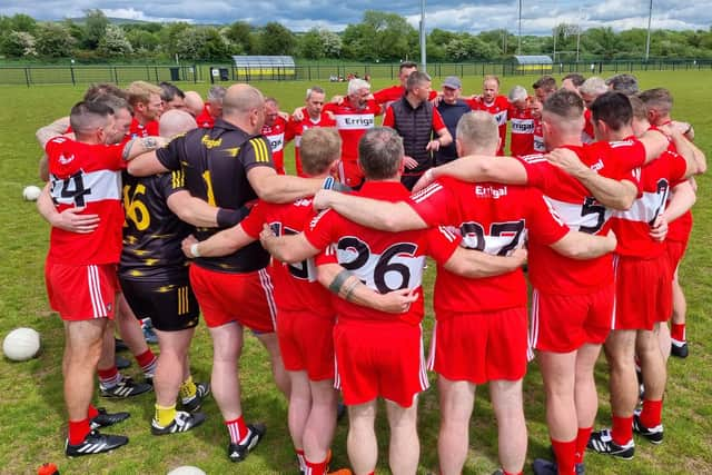 Joint Derry manager Ronan Rocks with some final words of wisdom before throw in.