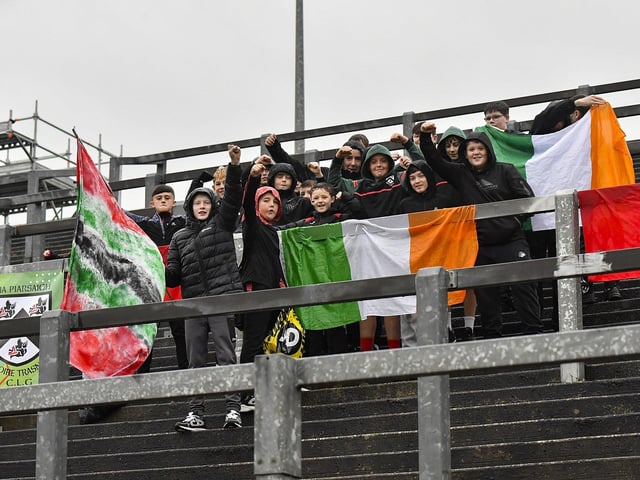 Fans in Celtic Park, on Sunday afternoon, for the Derry Junior Football Championship Final between Doire Trasna and Slaughtmanus. Photo: George Sweeney
