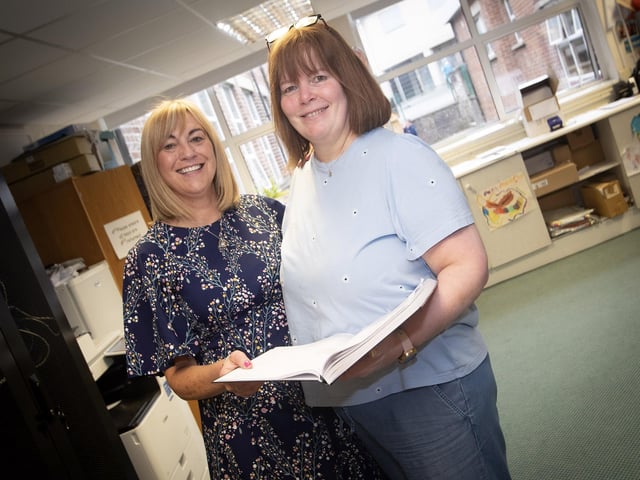 Mrs. Ramsey pictured with her secretary Mrs. Aine Taylor before Friday's assembly at Model Primary School.