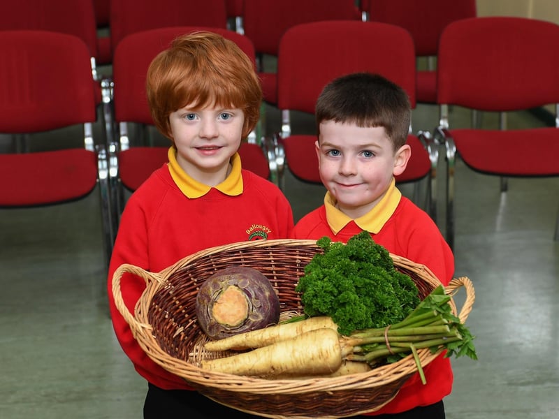 Ballougry Primary School pupils Eddie (P3) and Darragh (P2) pictured at the Harvest Assembly and Food Bank held in the school on Wednesday morning. Photo: George Sweeney