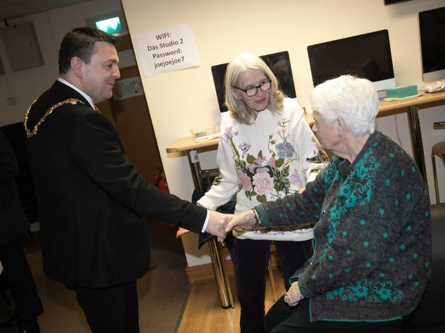 MAYOR'S RATHMOR 50+ WOMEN'S CLUB VISIT. . . . .The Mayor of Derry City and Strabane District Council, Ruairi McHugh being introduced to Margaret McGlinchey by Evelyn Kerr. Margaret was the lady who started Rathmor 50+ Women's Club over thirty years ago. The Mayor was on a visit to the Rathmor Centre as part of his initiative showcasing small community groups. (Photos: Jim McCafferty Photography) : Mayor visits Rathmore 50+ Women's Club.