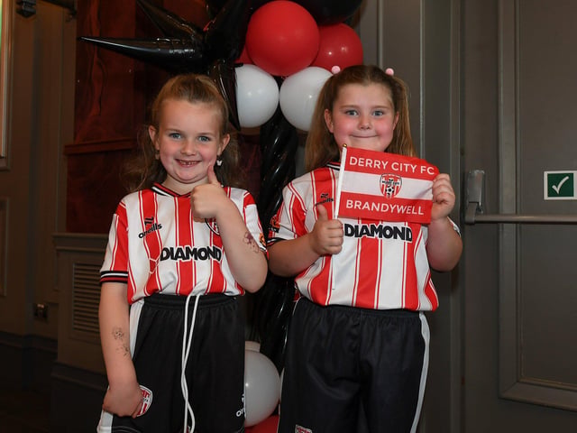 Derry City fans pictured at the Brunswick Moviebowl ahead of the live screening of the candystripes’ Europe Conference League away to FCB Magpies on Thursday evening. Photo: George Sweeney
