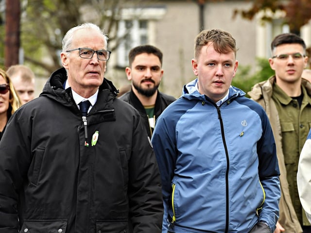 MLA’s Gerry Kelly and Padraig Delargy pictured at the commemoration of the 109th anniversary of the Easter Rising on Sunday afternoon. Photo: George Sweeney