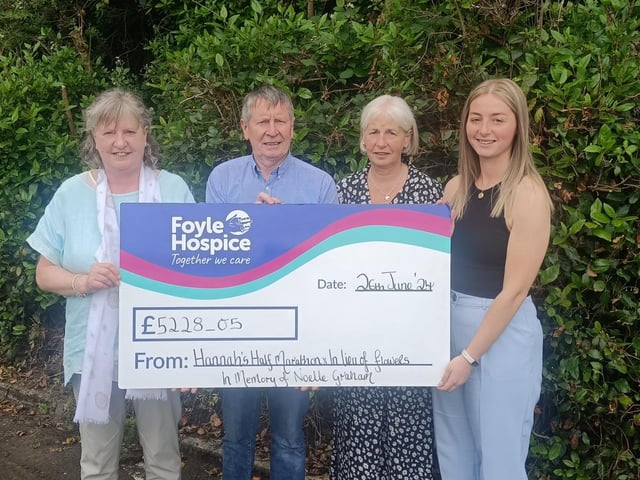 A big thank you to the family of the late Noelle Graham who recently presented a cheque to Foyle Hospice for £5228.05. This brilliant total was a result of donations received in lieu of flowers and her granddaughter Hannah receiving donations by running the Omagh Half Marathon. Picture includes two of Noelle’s daughters Shirley and Elaine and granddaughter Hannah, presenting the cheque to Community Fundraiser, Noel Mc Monagle.
