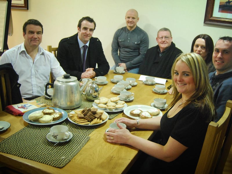 A coffee morning held at Francis Street accommodation centre earlier this week to highlight the plight of homelessness amongst young people in Derry. Seated from left to right are, Adrian Kehoe (Project Manager Francis Street), SDLP Derry City Councillor Mark H Durkan, Liam McLaughlin (Floating Support Officer - YASP), Sinn Fein councillor Tony Hassan, Louise Montgomery (Manager Strand Foyer - Apex Housing), Stephen Clarke (Mental Health Resettlement Officer - First Housing Aid) and Sandra Duffy (Project Manager - YASP). (HC1912AQ01)