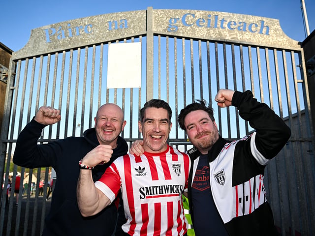 Derry City supporters before the SSE Airtricity Men's Premier Division match between Derry City and Shamrock Rovers at Find Insurance Celtic Park in Derry. Photo by Ramsey Cardy/Sportsfile