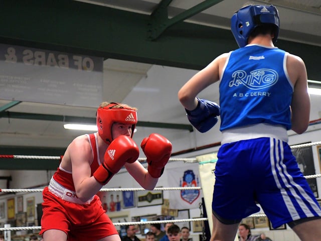 The Loup’s David Kennedy, left, boxing Cahir O’Doherty, The Ring.  Photo: George Sweeney