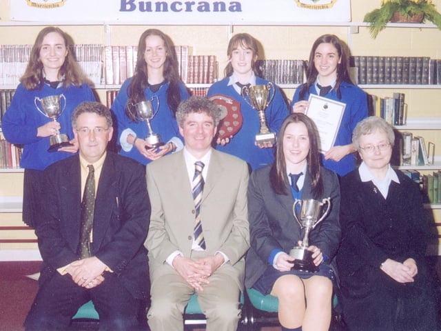 Seated from left, Frank McHale, Parent's Council, Liam Rainey, principal, Nina Roddy, senior student of the year, and Sister Marie Wylie. Standing, from left, Martina Moyne and Mary Flanagan, joint winners of junior student of the year, Clare McLaughlin, sporting personality, and Francina Baldrick, runner up student of the year. (2005MG01)