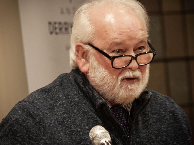 Pat McArt speaking at Thursday's book launch in the Guildhall, Derry.