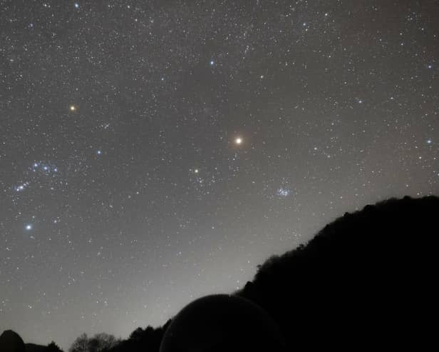 Mars and Jupiter will be the easiest to see on either side of Orion, while Venus will shine brightly lower in the horizon to the west. Saturn, less bright, will not be so easy to see, also in the west.