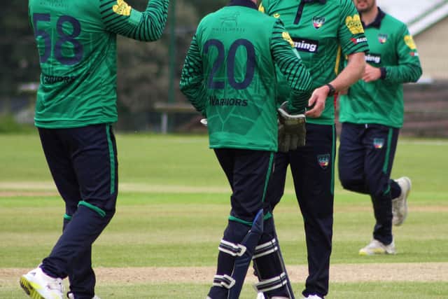 Bready man Craig Young, celebrating taking a wicket this week in the NW Warriors' game against Leinster Lightning, is hoping to make his Ireland test debut at Lord's next week.