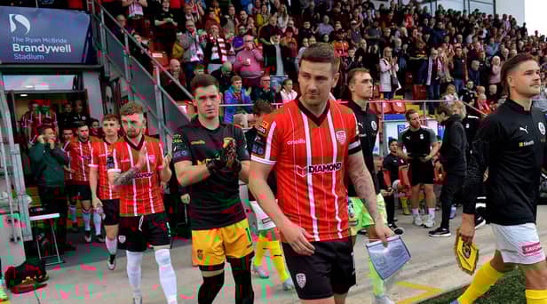 Captain Patrick McEleney, leads out the Derry City team at the Brandywell Stadium on Thursday evening. Photo: George Sweeney. DER2330GS -