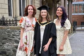 Graduate Doctor Laura Hockley pictured at the Millennium Forum in Derry at her Graduation with mum Claire and sister Anya Photo by Stephen Hamilton/Presseye