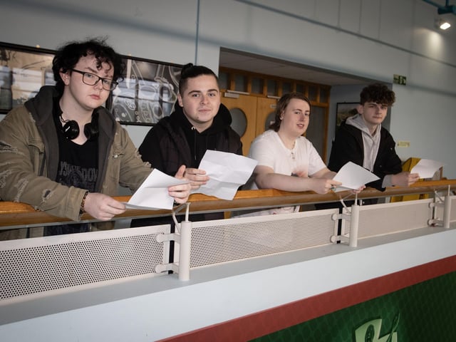 A Level students pictured at St. Joseph's Boys School on Thursday with their results - PJ Donnelly, Jamie Deery, Alex McGowan and Callum Sharp.