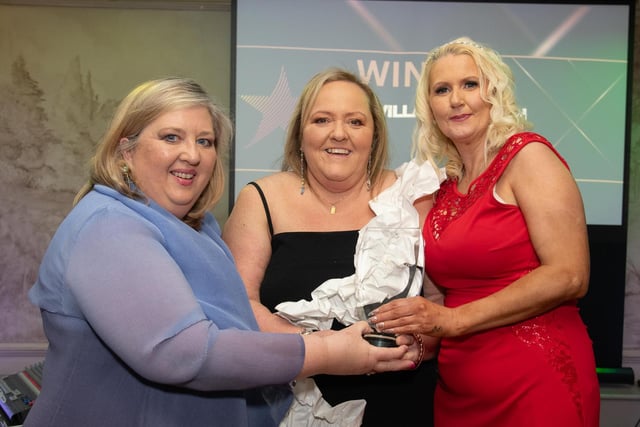 Maureen Cuddihy, Welditz Engineering , sponosr of Service Provider of the Year, The Village Kitchen's Edel Burns and Tina Kelly with the award  at the Carndonagh Traders Association Business and Community Awards in BallyliffIn Lodge Hotel on Saturday night last.   Photo Clive Wasson