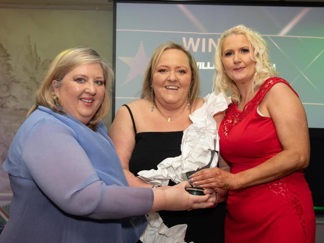 Maureen Cuddihy, Welditz Engineering , sponosr of Service Provider of the Year, The Village Kitchen's Edel Burns and Tina Kelly with the award  at the Carndonagh Traders Association Business and Community Awards in BallyliffIn Lodge Hotel on Saturday night last.   Photo Clive Wasson