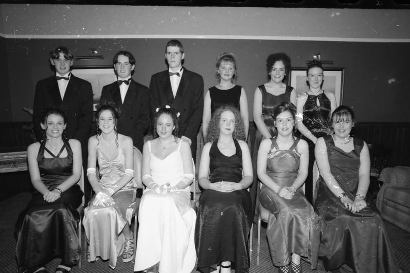 Seated, from left, Cathy Campbell, Carole Smith, Sinead Burns, Sinead McLaughlin, Marie McDermott and Anne-Marie Doherty. Standing, from left, Stewart Norris, Martin Crumlish, Paul Bredin, Majella Green, Karen McCandless and Emma McGowan. Pictured at the Carndonagh Community School formal in January 1998.