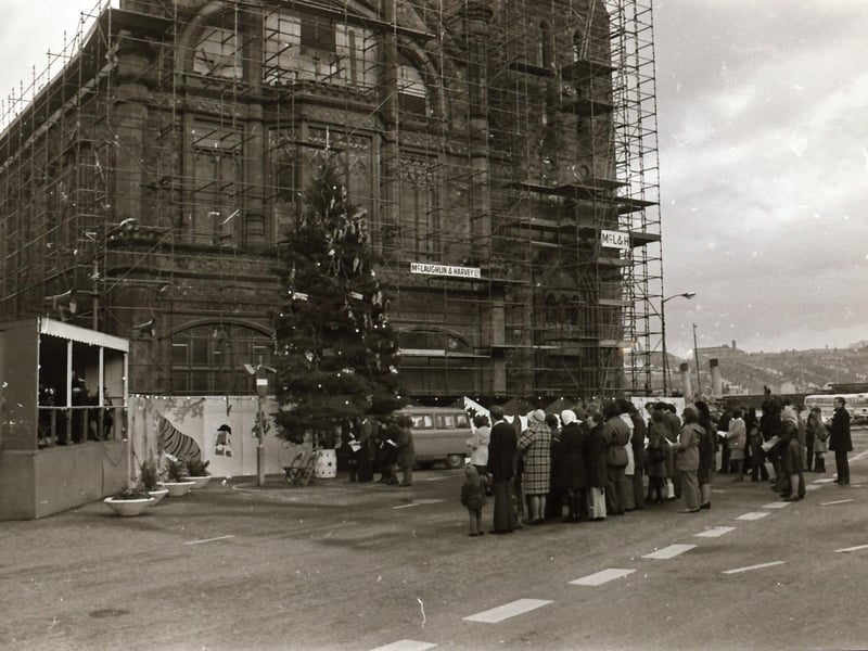Interdenominational Christmas carols for peace outside the Guildhall in December 1974.