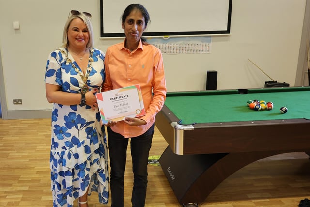 Volunteer Nina Mukherji with Mayor Sandra Duffy.