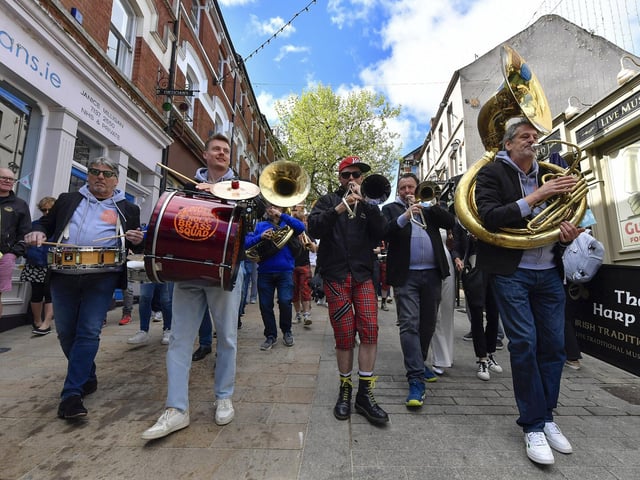 Former members of the JayDee brass band playing with Angela and her NOLA Brass Squad at the Jazz Festival’s DLD Second Line Parade Saturday morning. Photo: George Sweeney