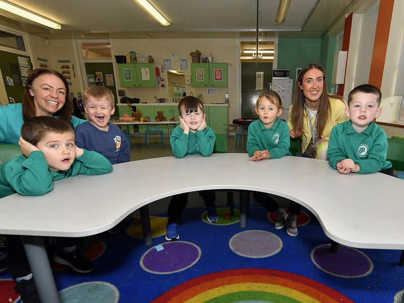 Miss Caitlin Doherty with her P1 class and classroom assistant at Ardnashee School.