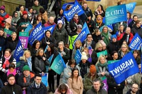 Teachers' unions members and supporters hold a strike rally in Guildhall Square on Tuesday morning. Photo: George Sweeney. DER2308GS 69